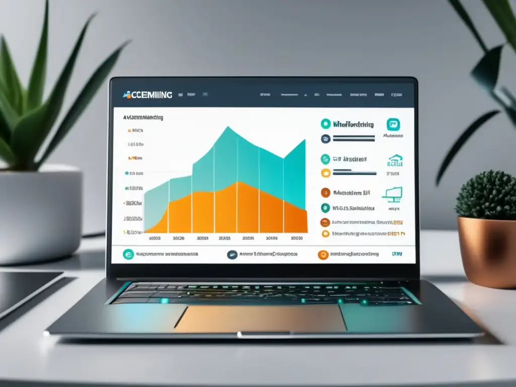 Laptop moderno con gráfica de aumento de ingresos en marketing de afiliados y técnicas avanzadas