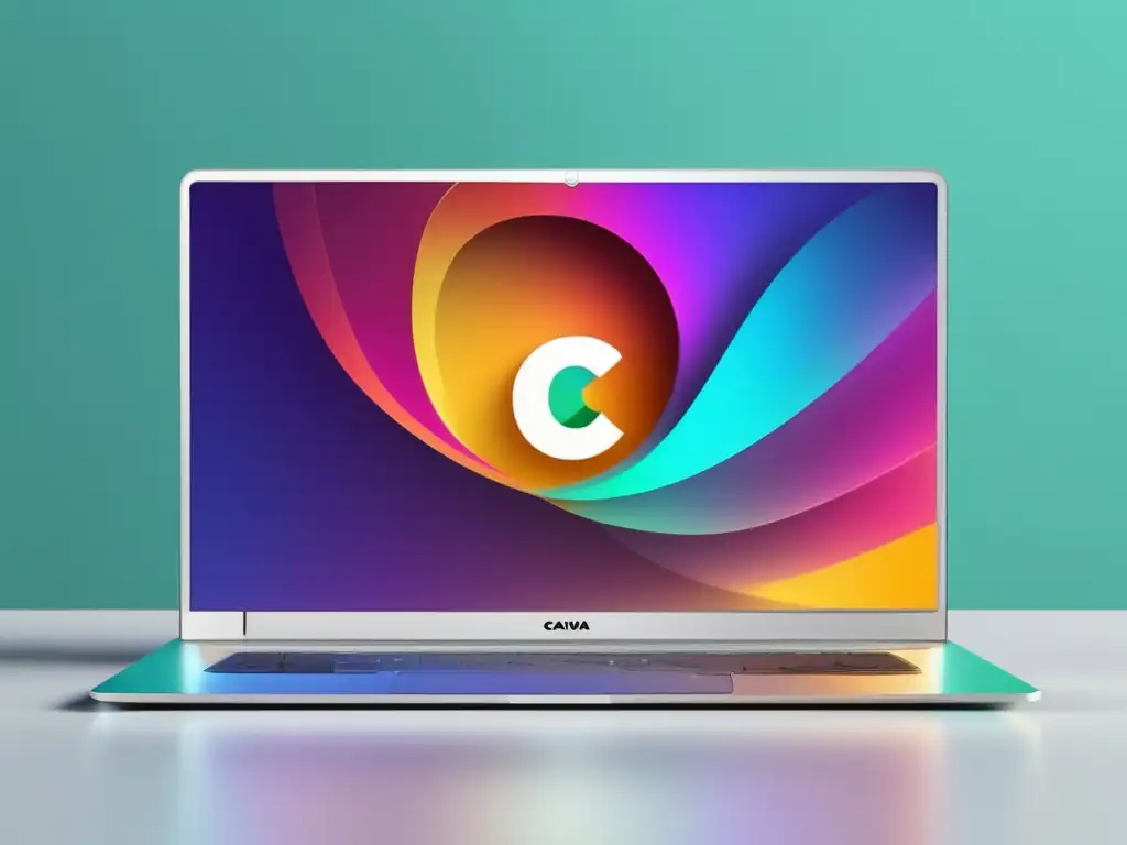 Características y beneficios del programa de afiliados de Canva: imagen ultradetallada de un laptop plateado con logo y iconos representativos