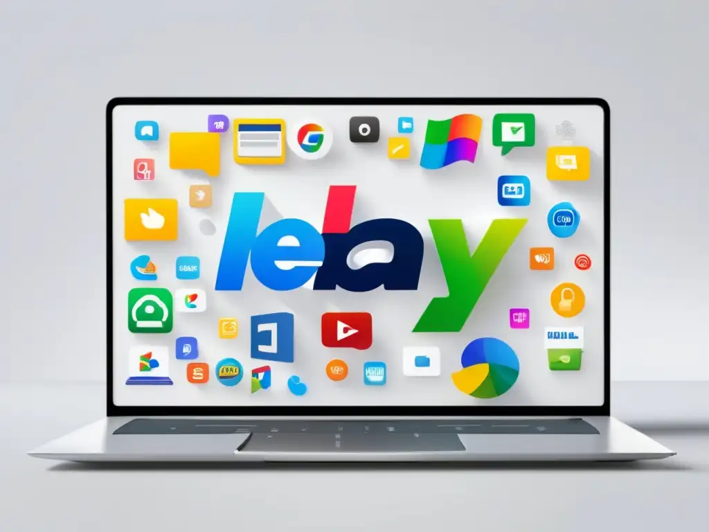 Laptop blanco de diseño moderno con logo de eBay y programas de afiliados