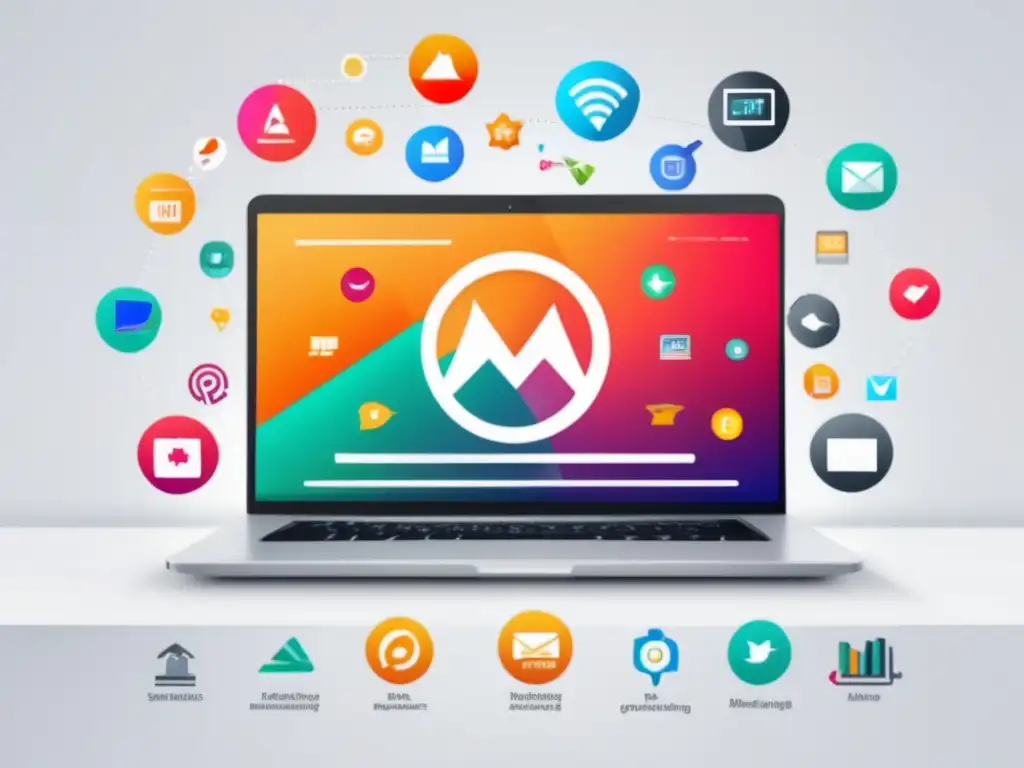 Laptop minimalista con pantalla vibrante muestra iconos y gráficos de marketing de afiliados