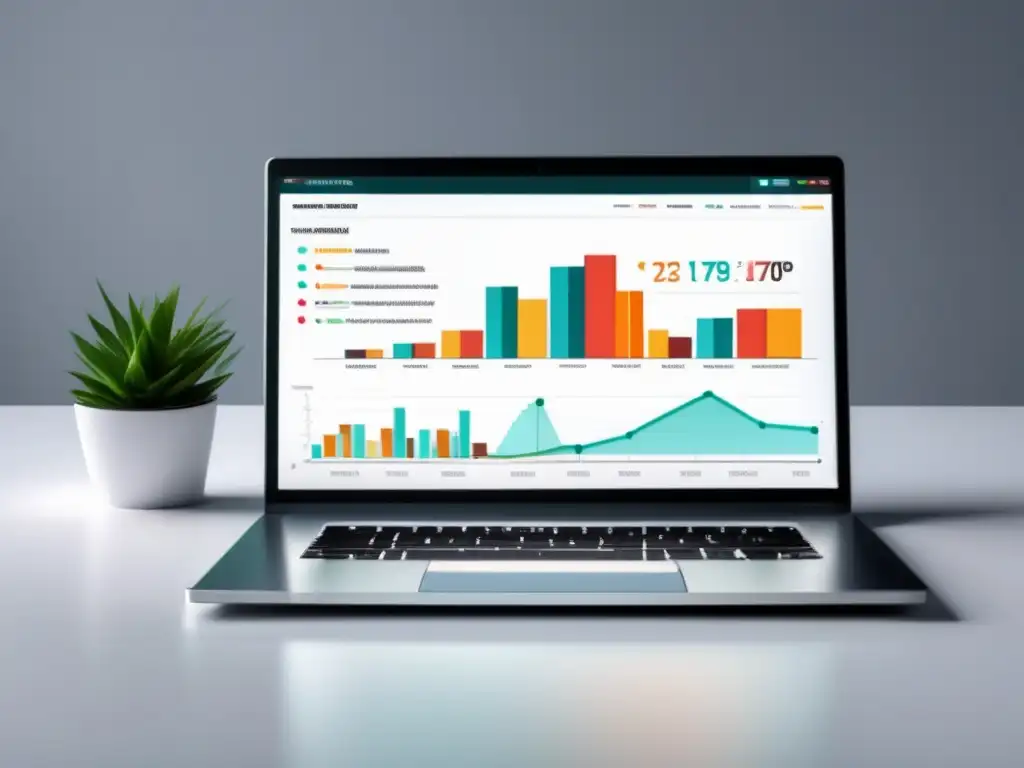 Laptop en mesa blanca muestra gráfico de investigación de mercado, ¡los pasos para comenzar en marketing de afiliados!