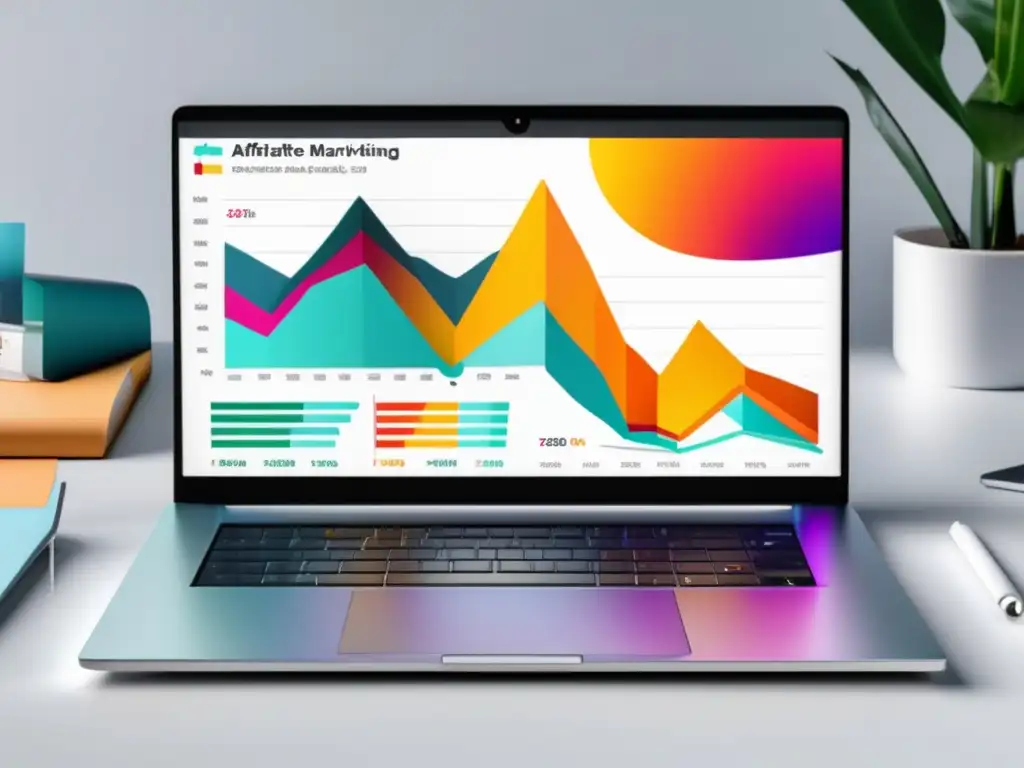 Laptop minimalista en escritorio blanco, gráficas de éxito en programas de afiliados