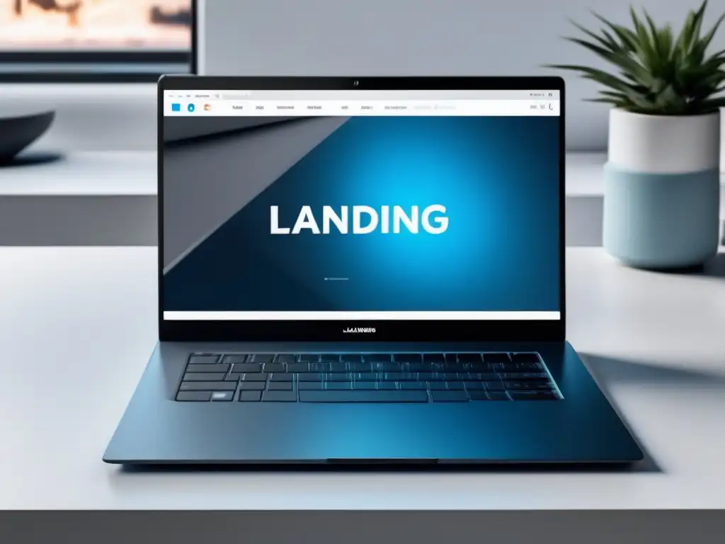 Laptop moderno en escritorio blanco con pantalla 8K, diseño minimalista, popup sutil y teclado iluminado