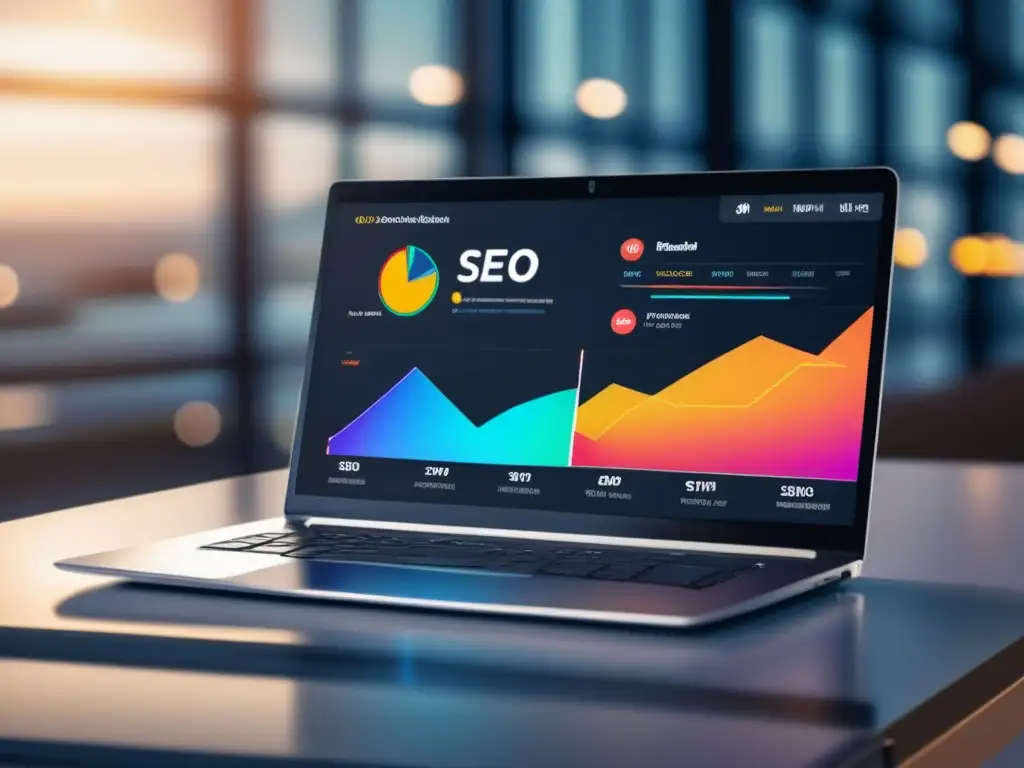 Laptop moderno con dashboard SEO, métricas en tiempo real y técnicas de SEO para maximizar ingresos en el marketing de afiliados