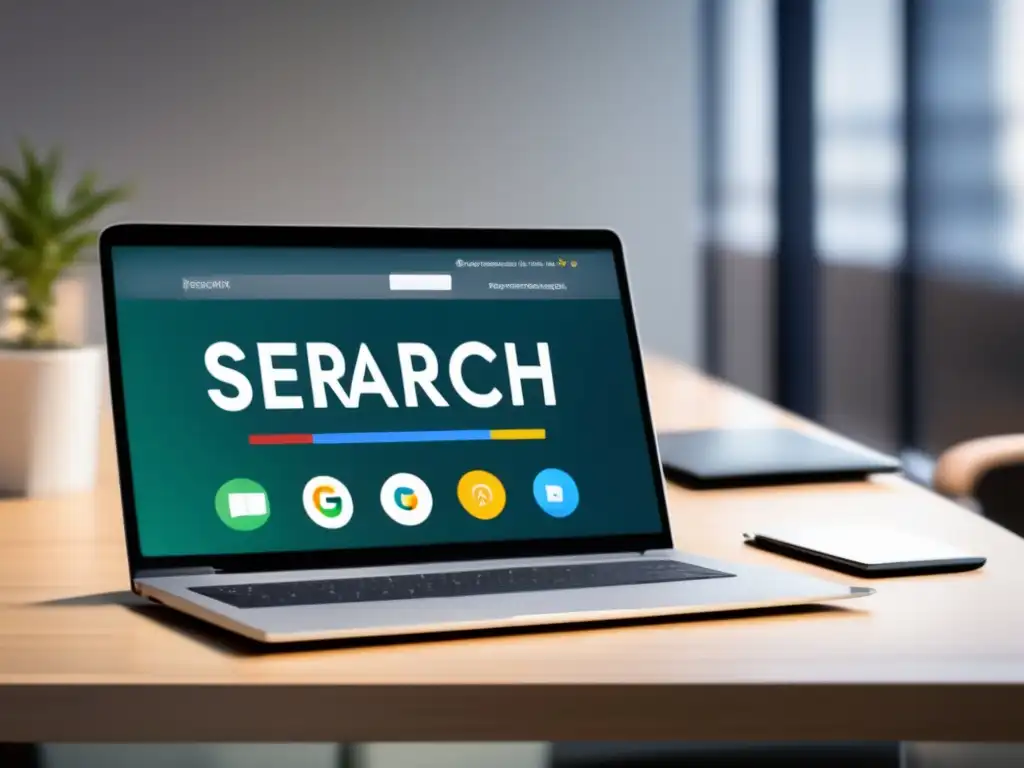 Laptop moderno en un escritorio minimalista con SERP y elementos SEO - marketing de afiliados