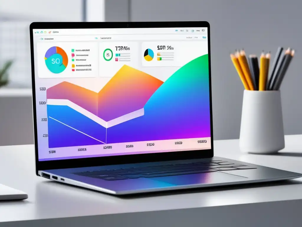 Laptop moderno con pantalla vibrante mostrando analíticas y gráficos de SEO