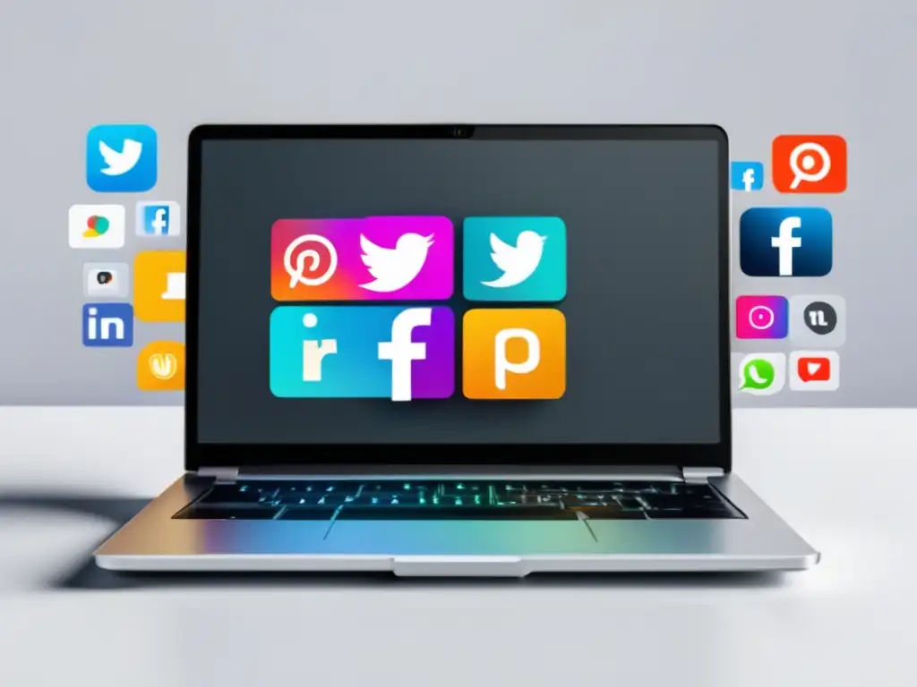 Tendencias en marketing de afiliados con laptop y iconos de redes sociales