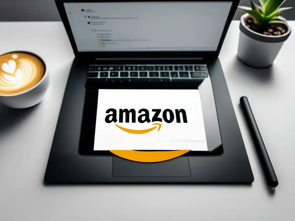 Laptop con logo de Amazon y elementos de oficina, estrategia de marketing de afiliados en Amazon