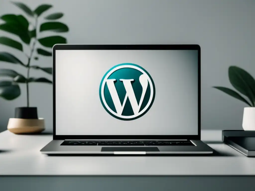 Ejemplos exitosos de plugins de WordPress para marketing de afiliados en una imagen minimalista y elegante de un laptop con logo de WordPress