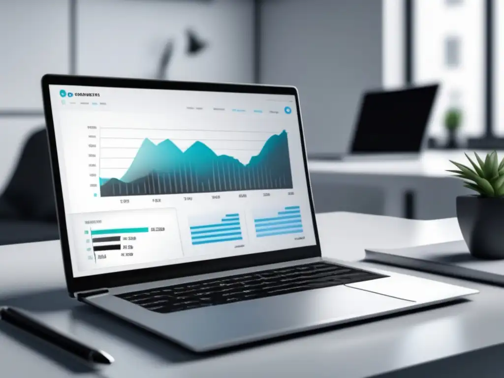 Espacio de trabajo minimalista con laptop, gráfico de crecimiento de marketing de afiliados, utensilios y taza blanca