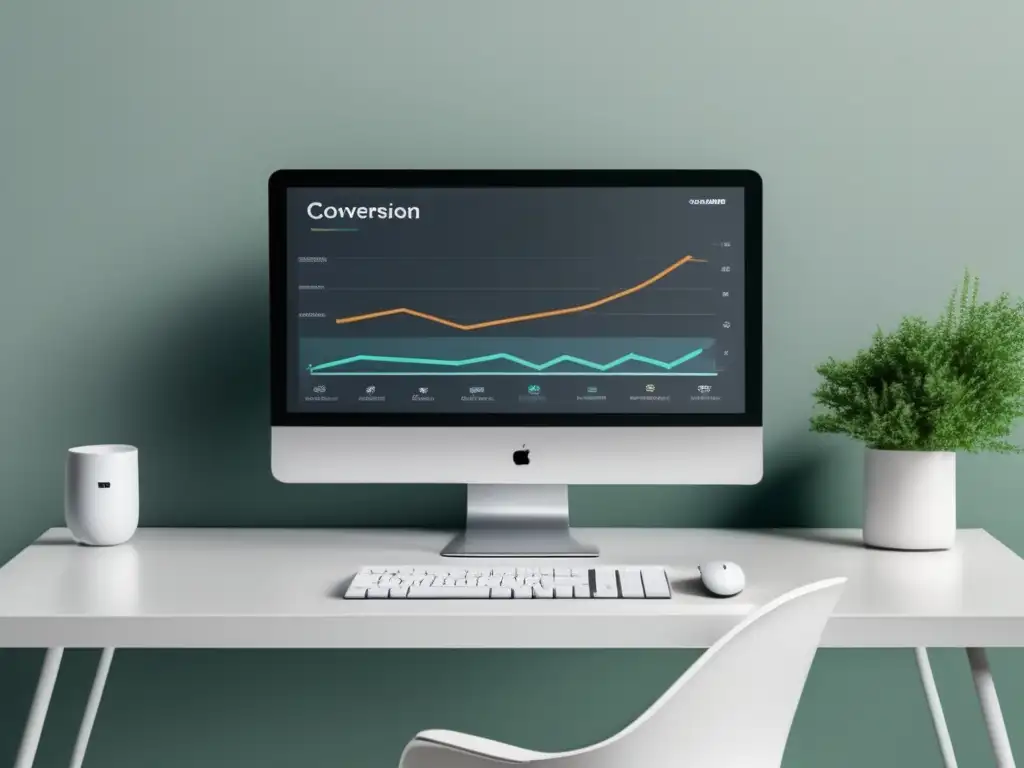 Espacio de trabajo digital moderno y minimalista con gráficas de optimización de conversiones para marketing de afiliados