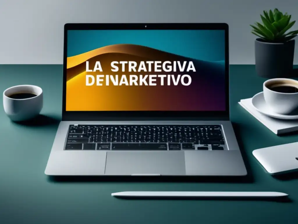 Laptop, gráfico vibrante y escritorio organizado para estrategias de contenido en marketing de afiliados