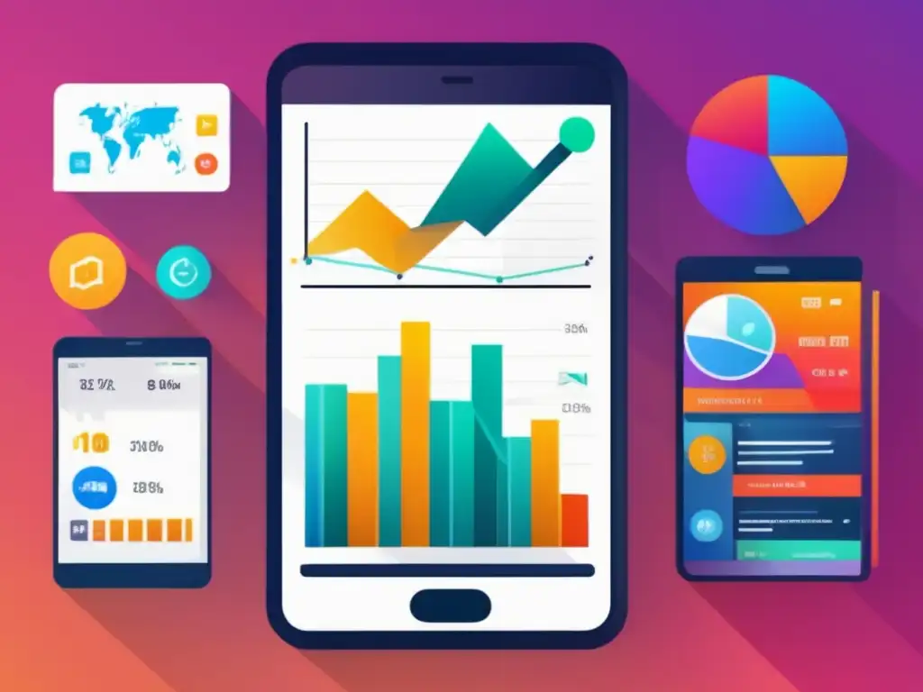 Aplicaciones móviles para marketing de afiliados: imagen de smartphone moderno con pantalla vibrante llena de gráficos y métricas dinámicas