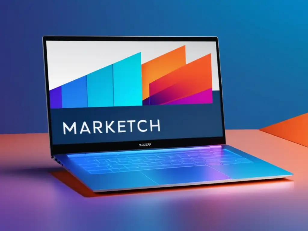 Laptop moderno con diseño minimalista y gráfico vibrante para herramientas de investigación de mercado en marketing de afiliados