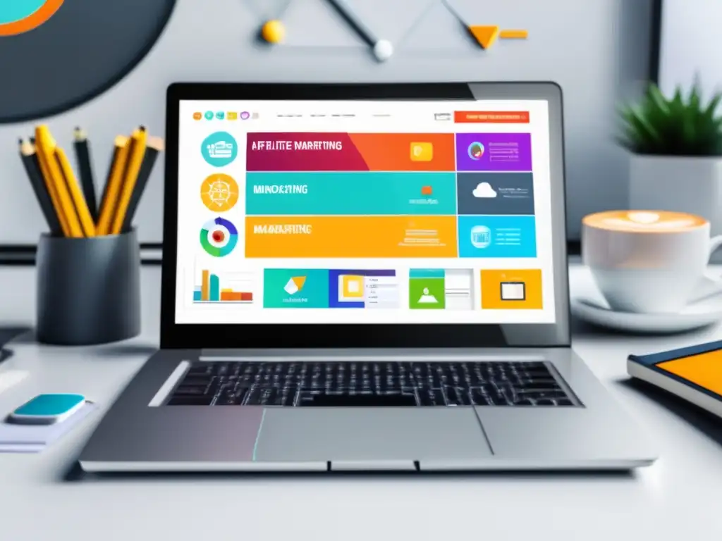 Laptop con pantalla vibrante mostrando iconos y gráficos de marketing de afiliados
