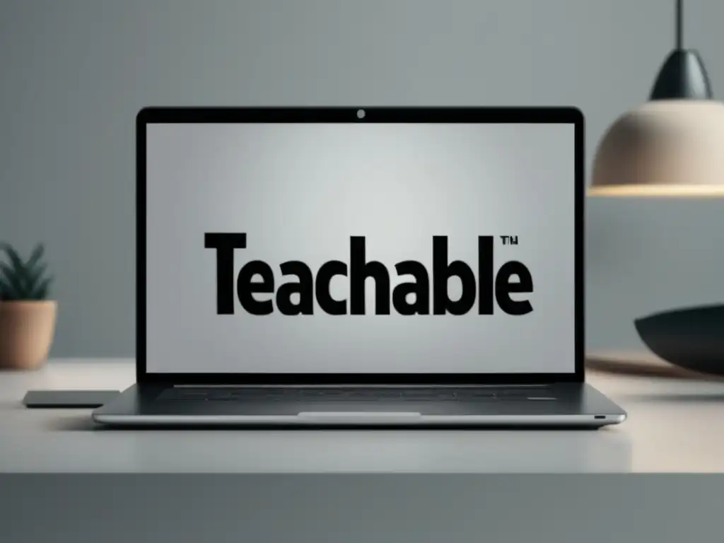 Imagen: laptop con logo Teachable en pantalla, sobre escritorio blanco