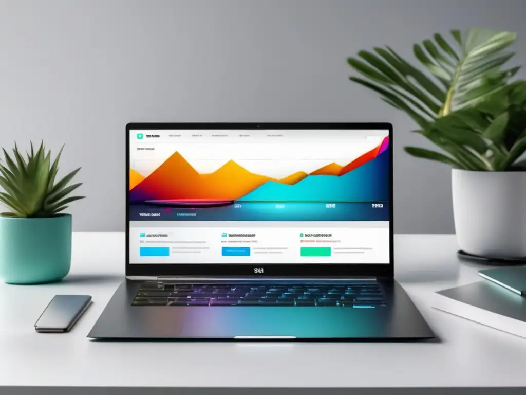 Laptop minimalista con pantalla vibrante y gráfico cautivador que muestra el éxito de las técnicas de SEO en el marketing de afiliados