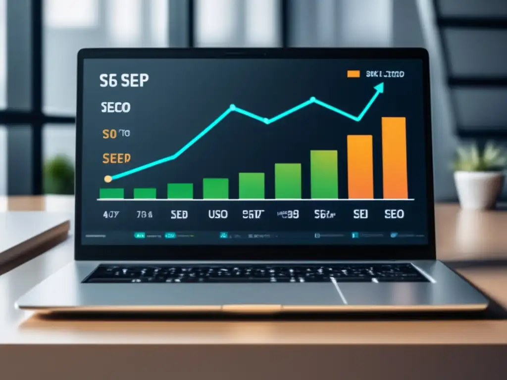 Estrategias SEO onpage para marketing de afiliados con laptop moderno y gráfico de velocidad de carga