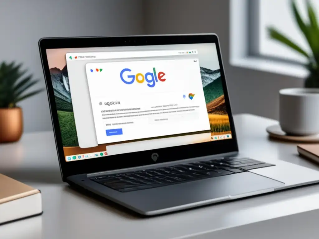 Laptop moderno con página de búsqueda de Google y 'estrategias de SEO para afiliados' en pantalla