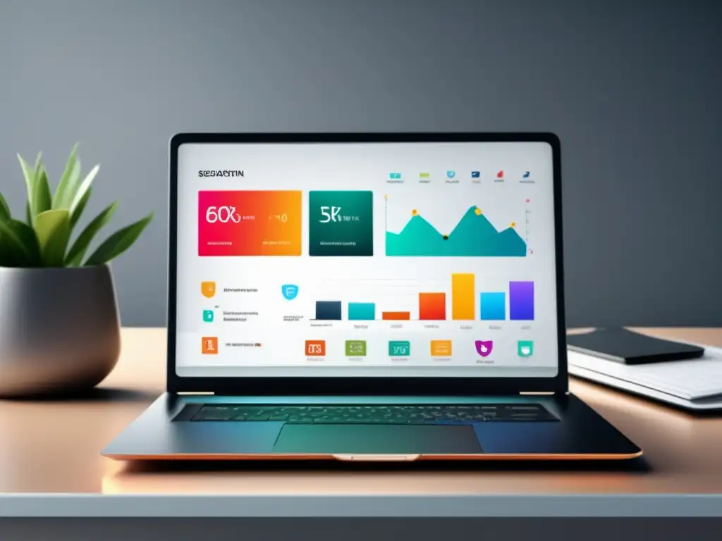 Imagen de laptop elegante y moderno con pantalla de alta resolución y elementos de SEO