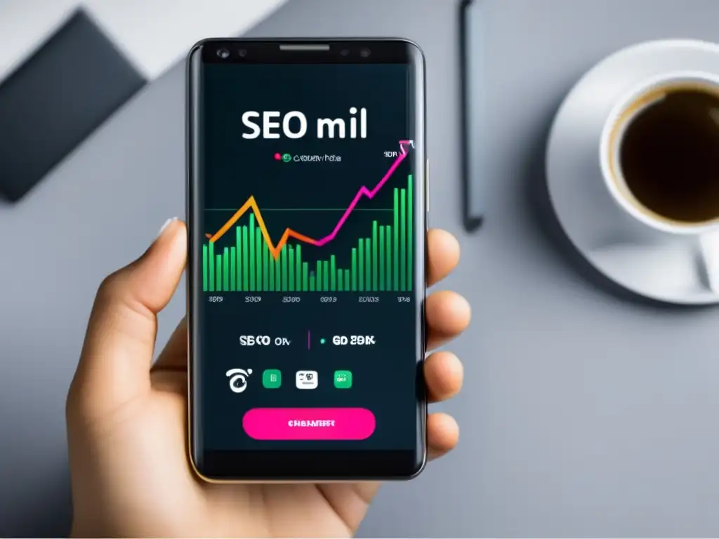 Smartphone con pantalla vibrante muestra gráfica dinámica de estrategias de SEO móvil para afiliados