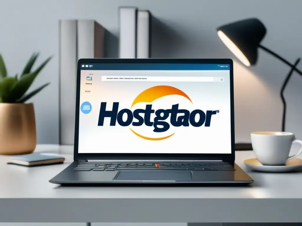 Imagen 8k de diseño moderno con laptop de HostGator en escritorio blanco rodeado de libros y notas