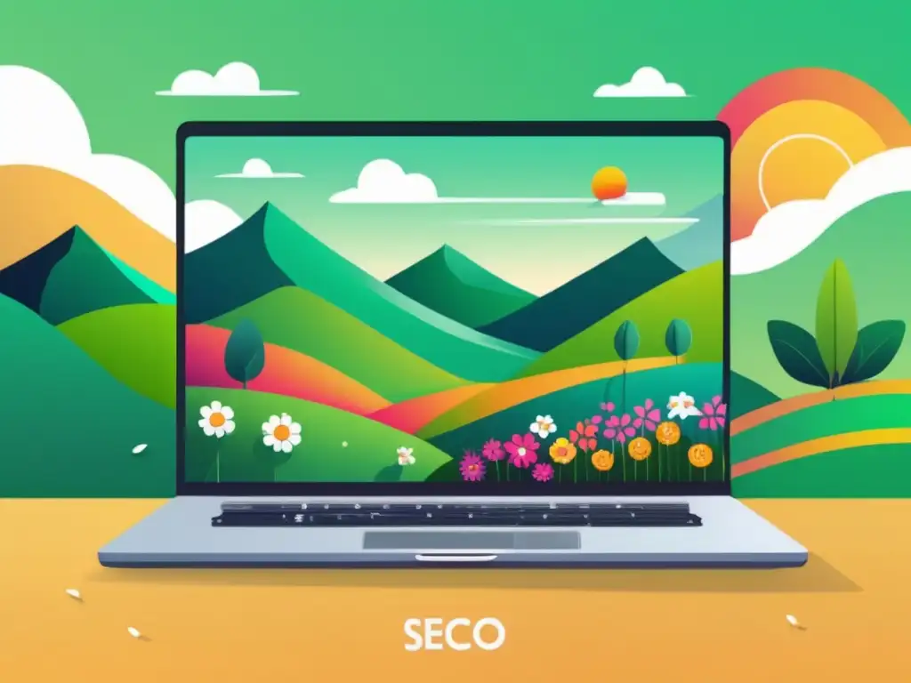 Ilustración moderna que muestra una laptop con paisaje SEO y estrategias para aumentar ingresos en marketing de afiliados