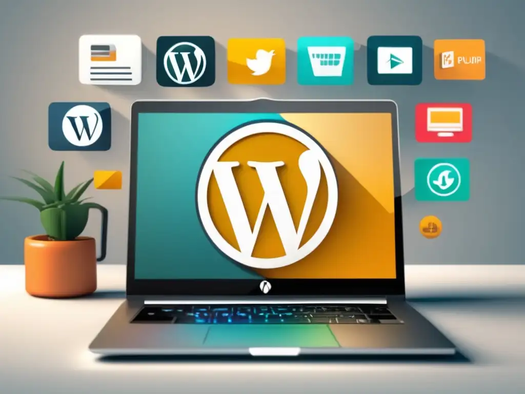 Ejemplos exitosos de plugins de WordPress para marketing de afiliados en una imagen de laptop minimalista con pantalla vibrante y dashboard de iconos