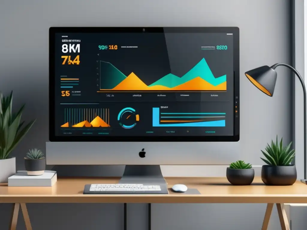 Espacio de trabajo minimalista con monitor ultradefinido y dashboard de marketing de afiliados