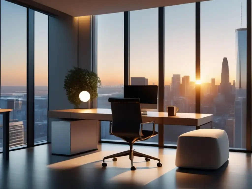 Oficina minimalista con vista a la ciudad, muebles modernos y decoración inspiradora