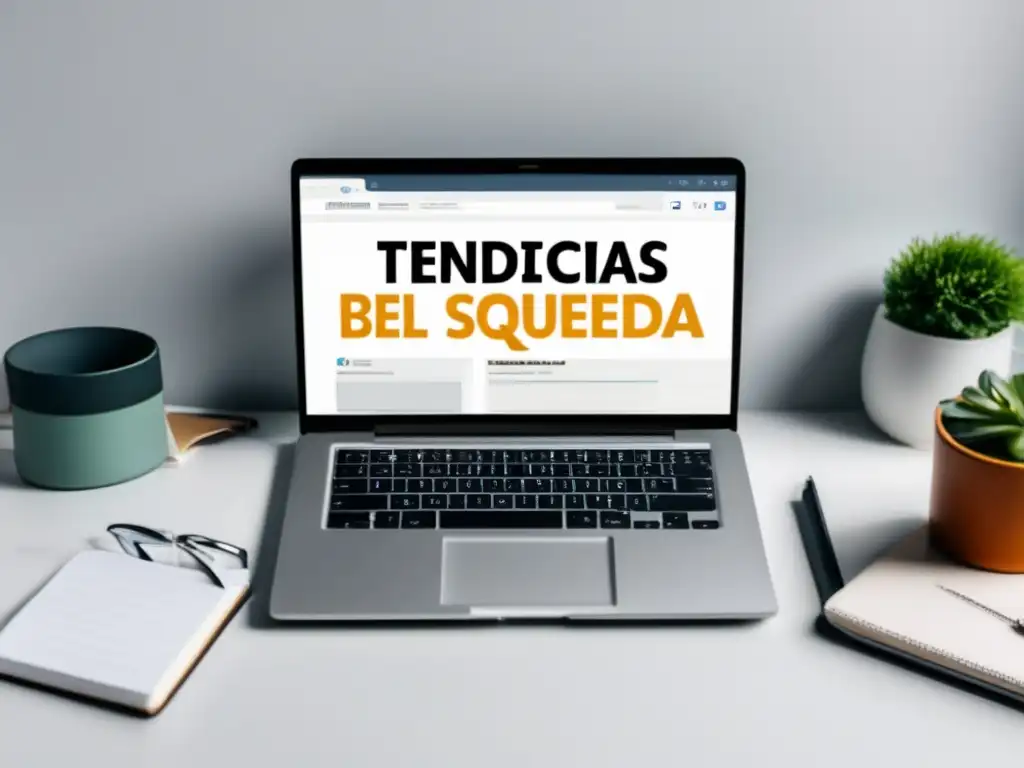 Laptop con barra de búsqueda, tendencias de SEO y marketing de afiliados en escritorio blanco