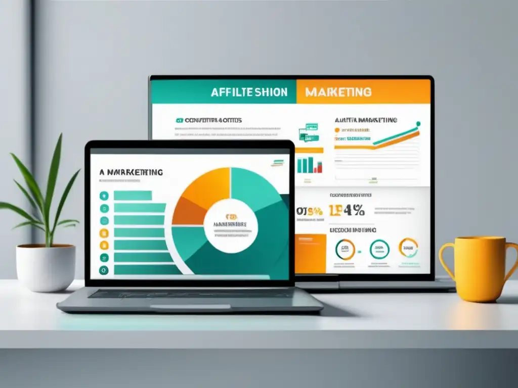 Herramientas efectivas para marketing de afiliados en un elegante y minimalista laptop con infografía informativa