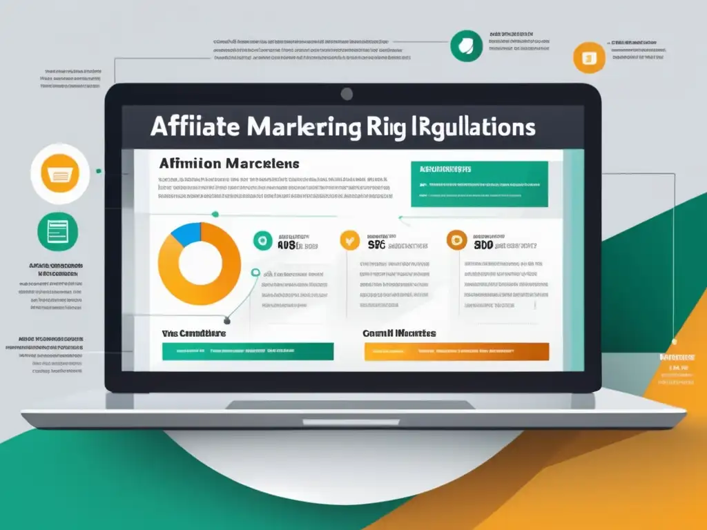 Laptop moderno con infografía sobre regulaciones legales para profesionales del marketing de afiliados