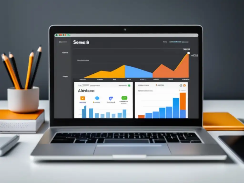 Laptop con Google Analytics, SemRush y Ahrefs mostrando estrategias de marketing de afiliados exitosos