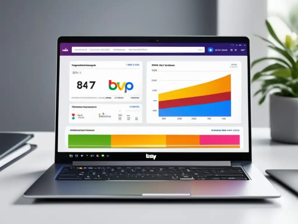 Laptop moderno de diseño minimalista con dashboard de Ebay Partner Network y estación de trabajo elegante