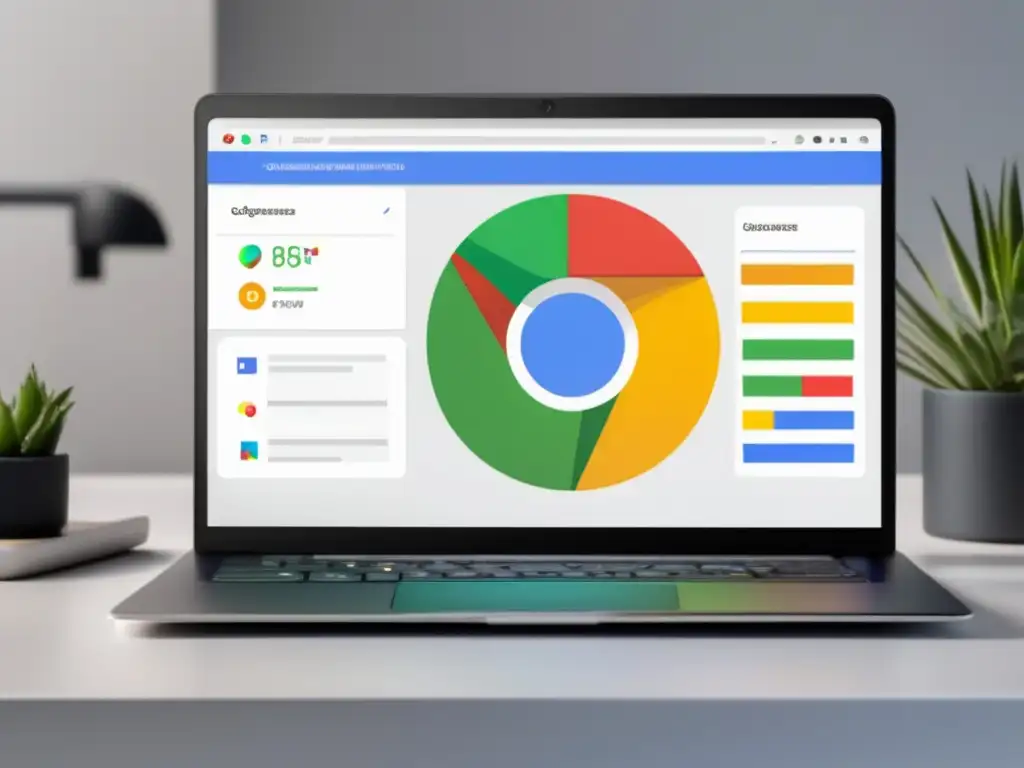 Laptop minimalista en escritorio blanco, muestra eficacia de Google AdSense en marketing de afiliados