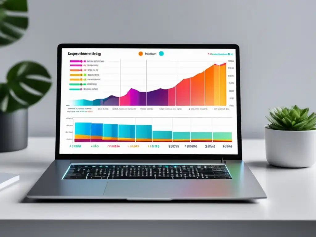 Laptop minimalista en escritorio blanco con gráfico de crecimiento exponencial en marketing de afiliados