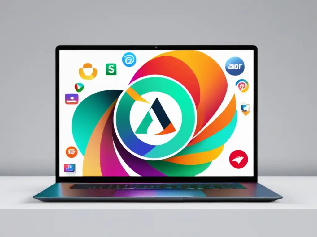 Laptop minimalista con pantalla vibrante y logotipos de programas de afiliados en fondo blanco