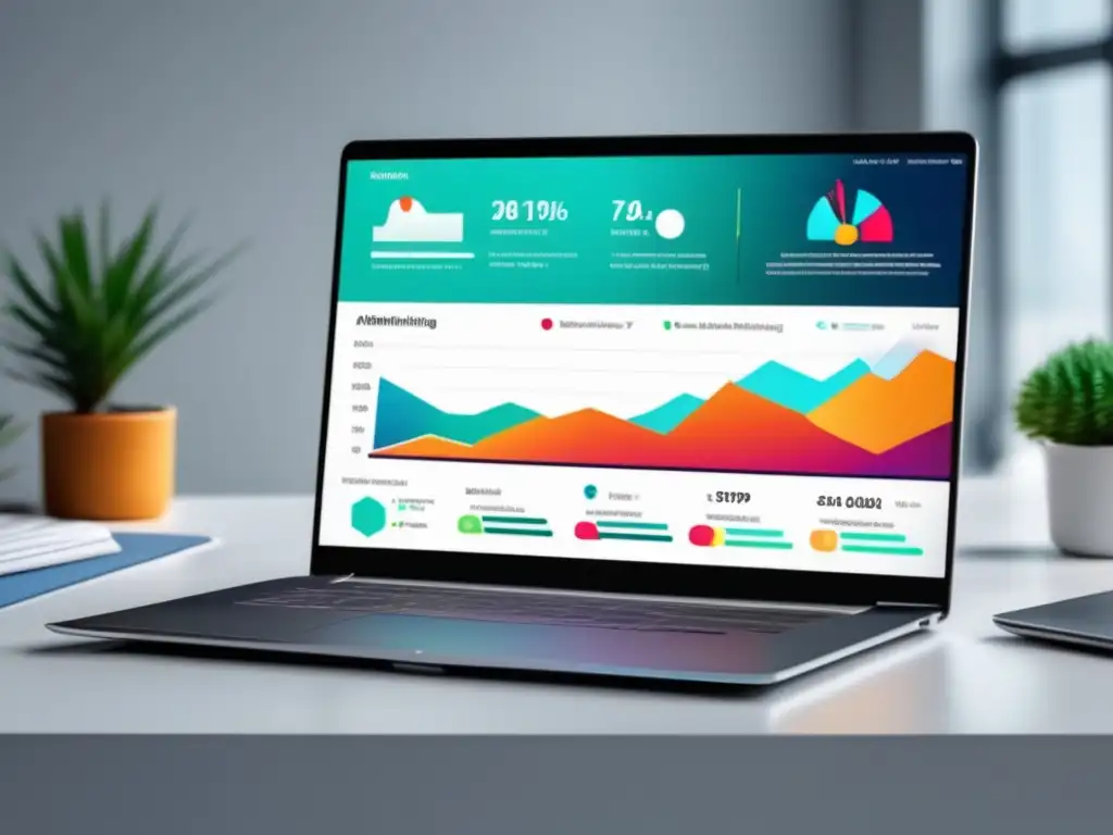 Laptop moderno con dashboard de marketing afiliado, métricas y estrategias de venta