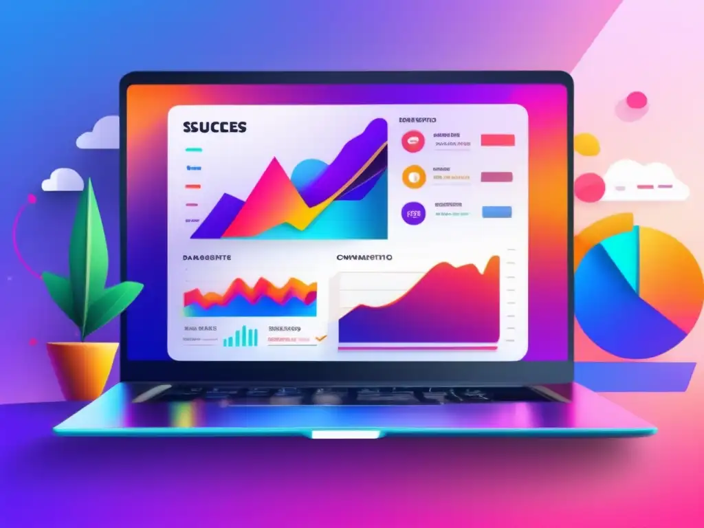 Laptop moderno y elegante con dashboard de afiliados de alta conversión y estadísticas vibrantes