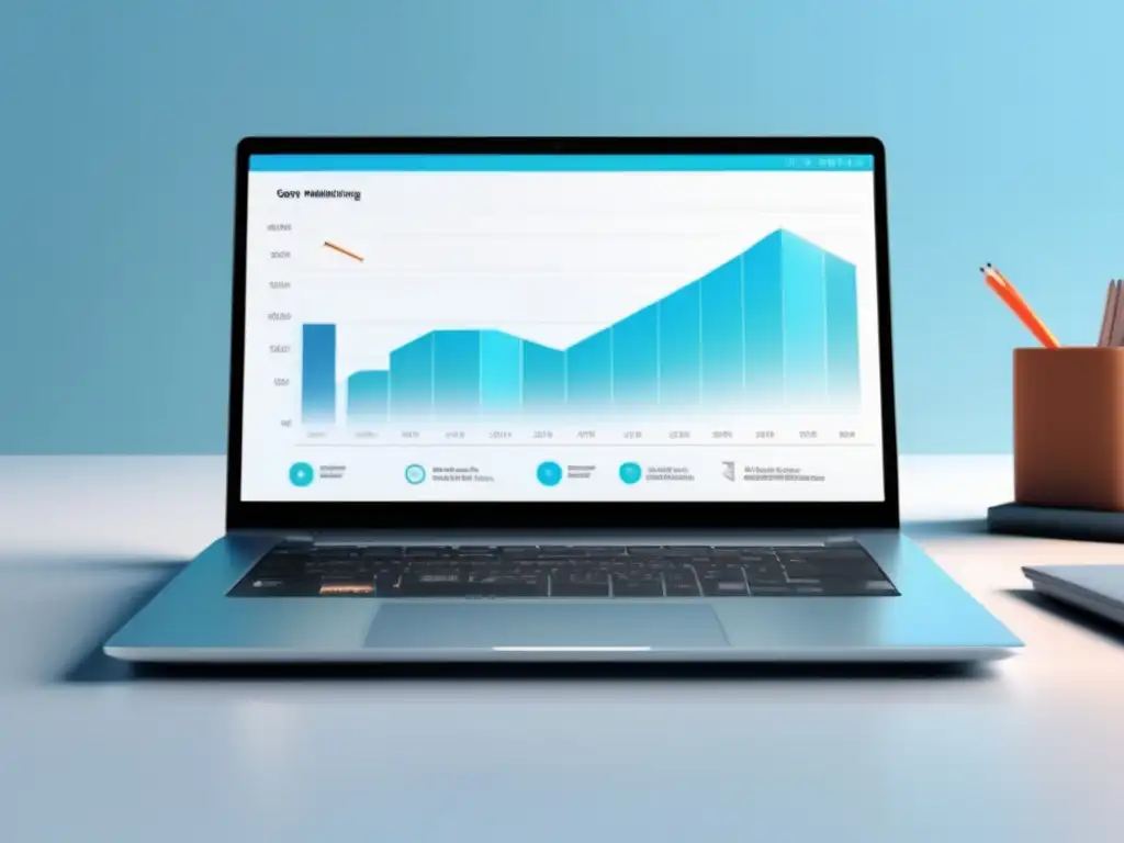 Laptop minimalista con pantalla vibrante y gráfica de tendencia ascendente, estrategias para maximizar ganancias en el marketing de afiliados