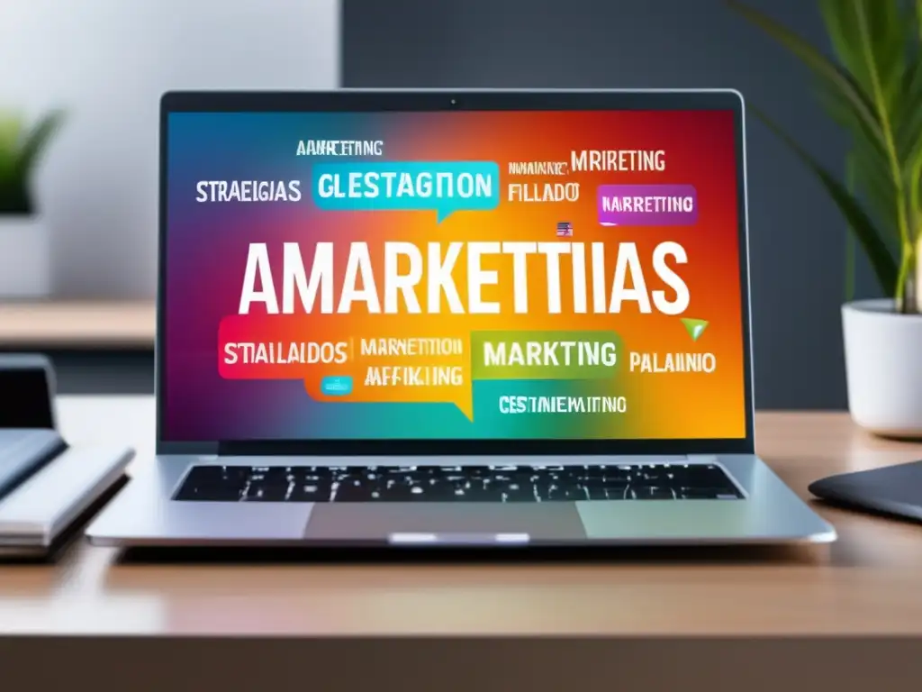 Laptop de marketing de afiliados: estrategias vibrantes, diseño profesional y minimalista