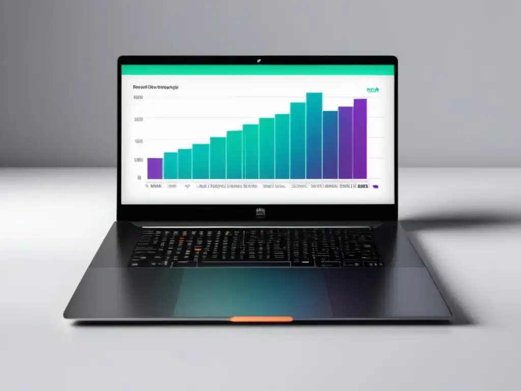 Laptop minimalista en escritorio blanco, con gráfico de tendencia ascendente: estrategias exitosas de marketing de afiliados