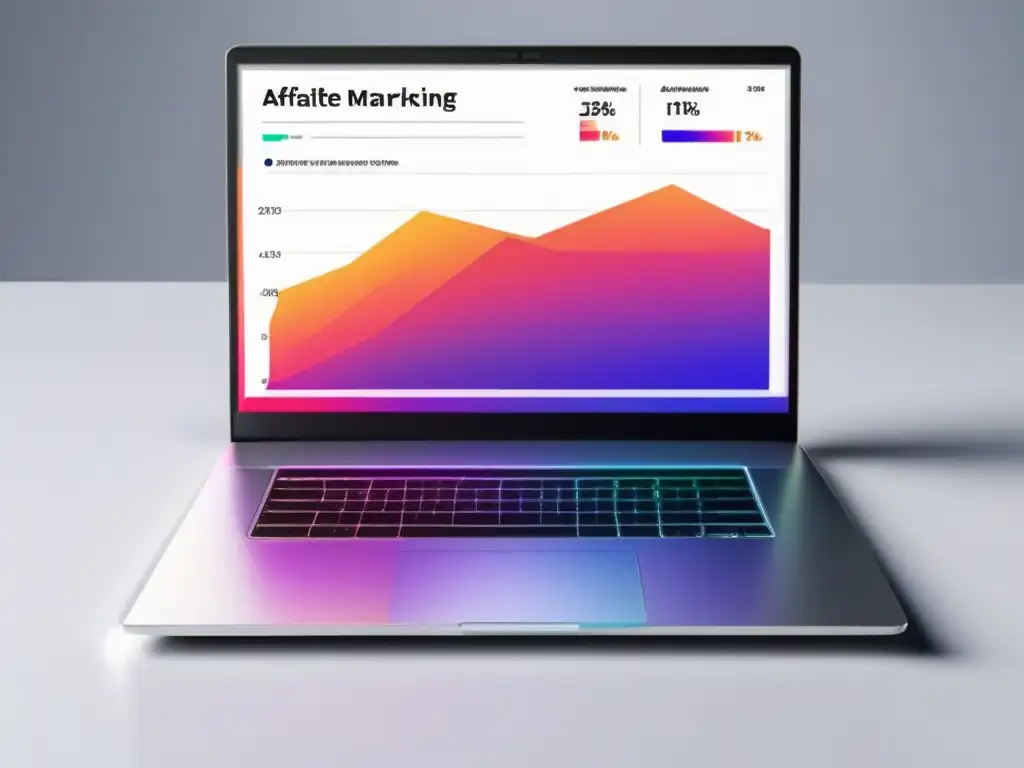 Laptop moderno en escritorio blanco, grafico minimalista muestra éxito en optimización de conversiones en marketing de afiliados