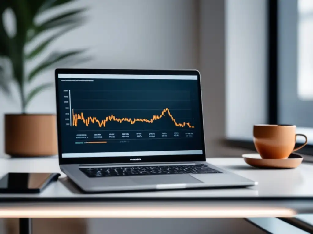 Laptop minimalista en un espacio limpio con gráfico representando ingresos de marketing de afiliados