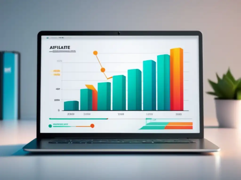 Laptop minimalista con pantalla vibrante que muestra gráfico de crecimiento exponencial de ingresos como afiliado