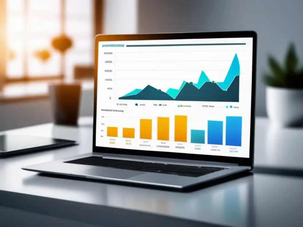 Laptop moderno en escritorio blanco muestra gráfico de éxito en marketing afiliado