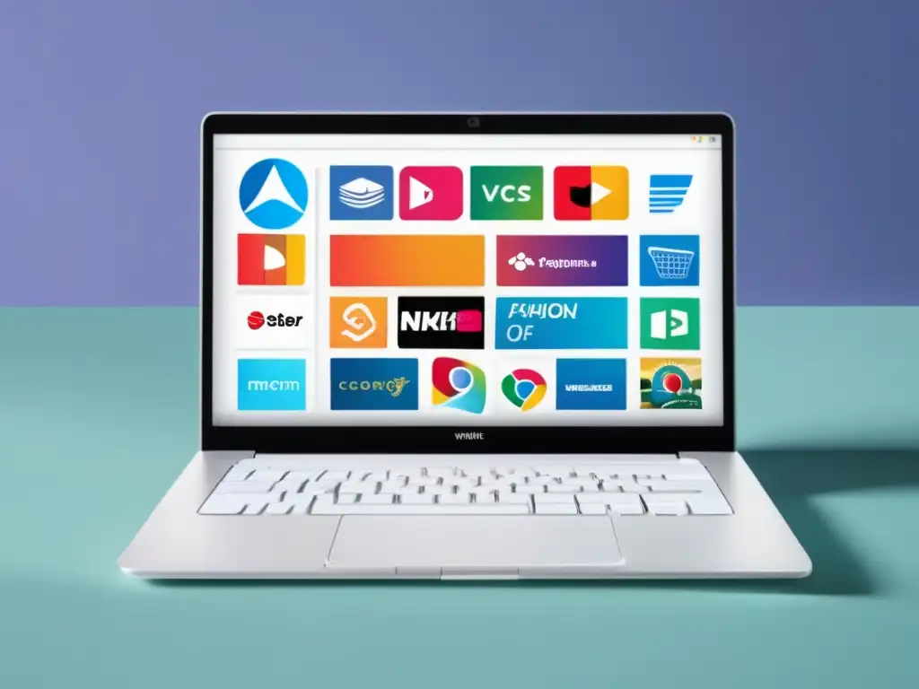 Laptop minimalista con pantalla vibrante y teclado blanco, logos de programas de afiliados de moda, tecnología, viajes y bienestar