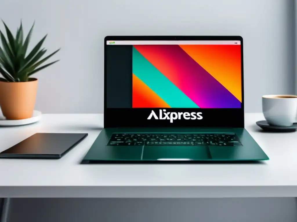 Laptop minimalista en escritorio blanco con logo AliExpress, representa beneficios del programa de afiliados