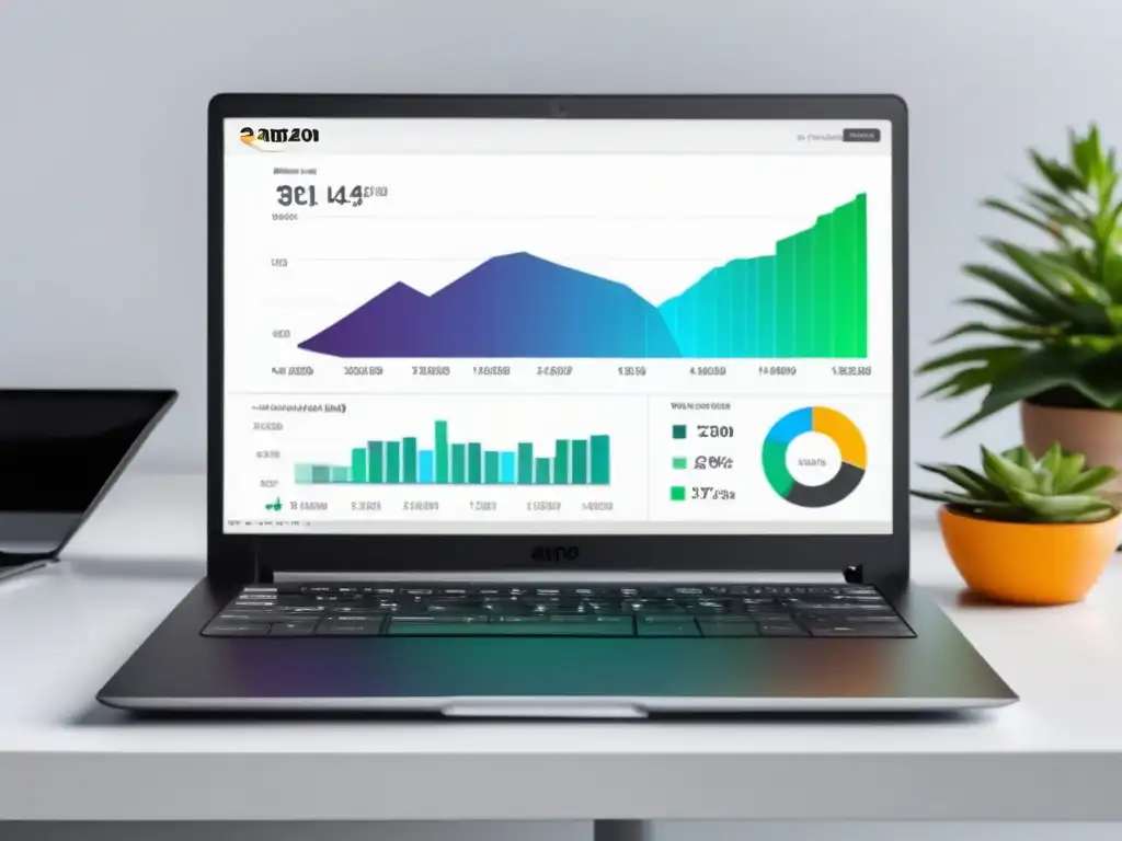 Laptop en escritorio minimalista con dashboard de ganancias de Amazon y herramientas para aumentar ingresos como afiliado
